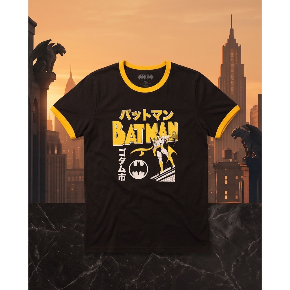 DC Comics L Batman Japanese Text Ringer T-shirt Black Yellow Large